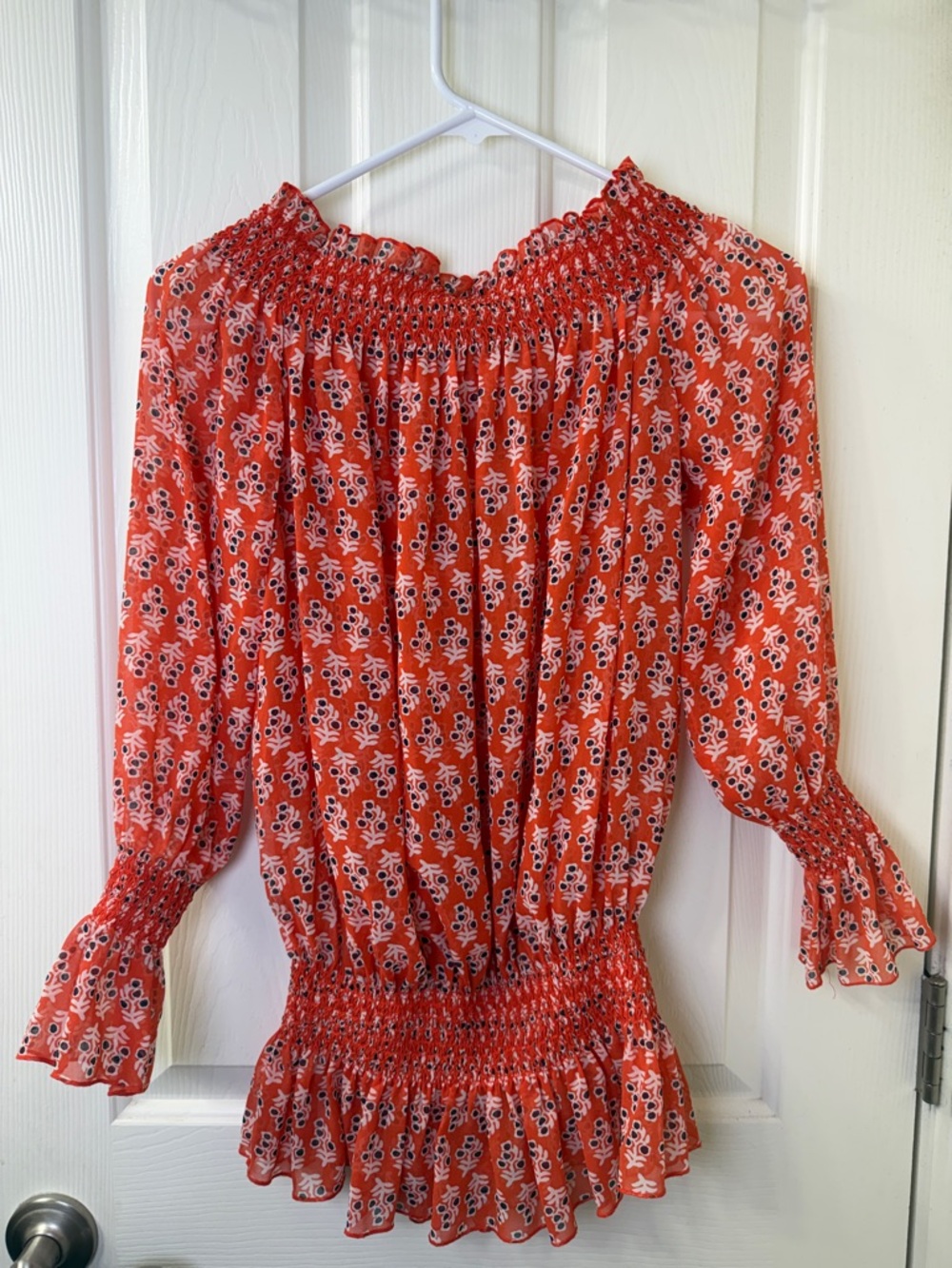 Tory Burch floral Smocked Sheer Cold Shoulder peasant blouse ruffled smocked 0
